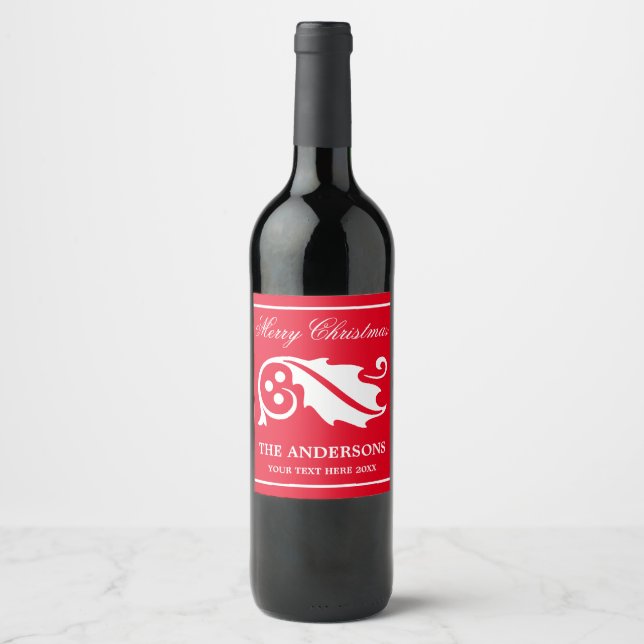 Elegant Christmas holly leaf personalised Holiday Wine Label (Front)