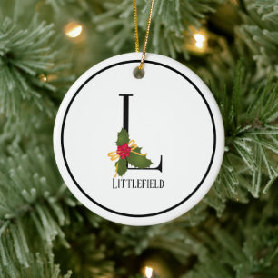 Elegant Christmas Holly Monogram Letter L Ceramic Tree Decoration