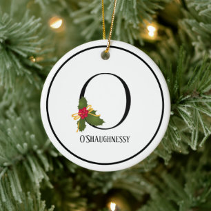 Elegant Christmas Holly Monogram Letter O Ceramic Tree Decoration