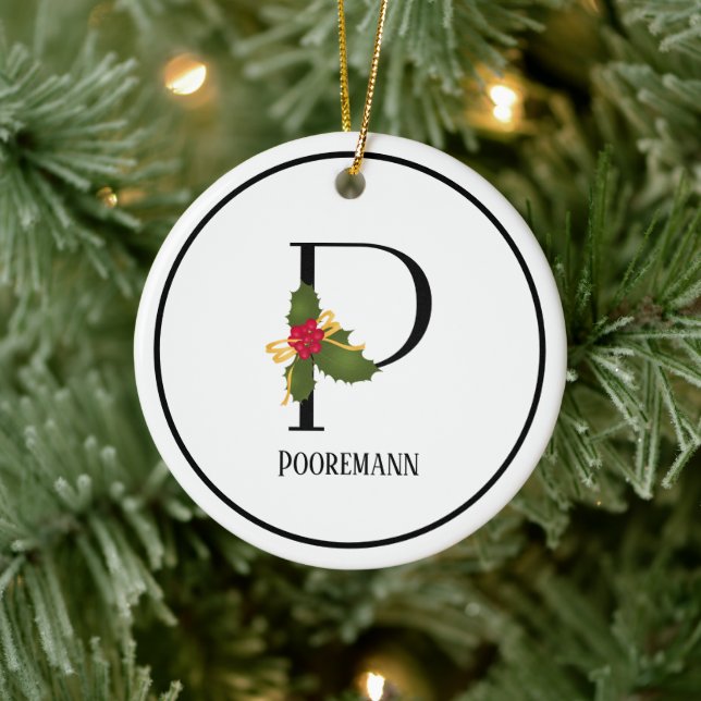 Elegant Christmas Holly Monogram Letter P Ceramic Tree Decoration (Tree)