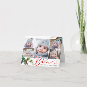 Elegant Christmas Holly Pine 5 Photo Folded Holiday Card
