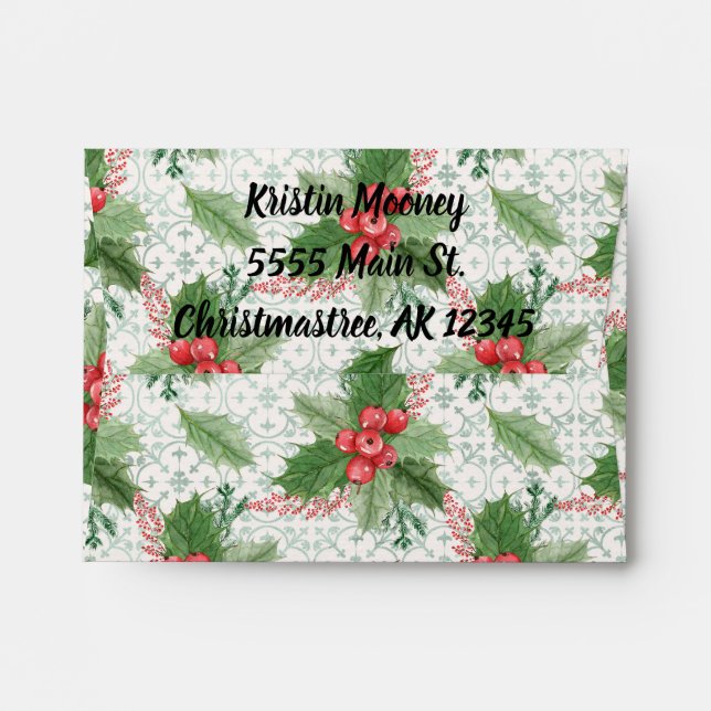 Elegant Christmas Holly Pre-Addressed Envelope (Back (Top Flap))