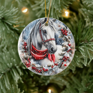 Elegant Christmas Horse with Winter Wreath  Ceramic Tree Decoration