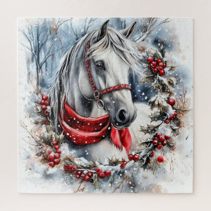 Elegant Christmas Horse with Winter Wreath Jigsaw Puzzle
