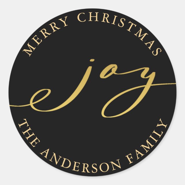 Elegant Christmas Joy Gold & Black Holiday Classic Round Sticker (Front)