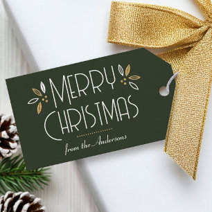 Elegant Christmas Leaves Custom Dark Green Gold Gift Tags