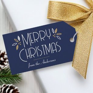 Elegant Christmas Leaves Custom Midnight Blue Gold Gift Tags