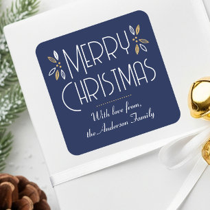 Elegant Christmas Leaves Custom Midnight Blue Square Sticker