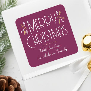 Elegant Christmas Leaves Custom Plum Gold Square Sticker