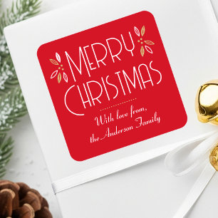 Elegant Christmas Leaves Custom Red Gold Square Sticker