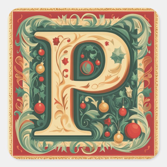 Elegant Christmas Letter P: Red and Gold Square Sticker (Front)