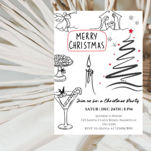 Elegant Christmas Line Art Party  Invitation