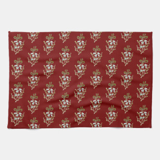 Elegant Christmas Mistletoe Pattern on Red   Tea Towel