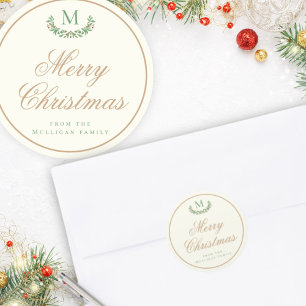 Elegant Christmas monogram gift wrap Classic Round Sticker