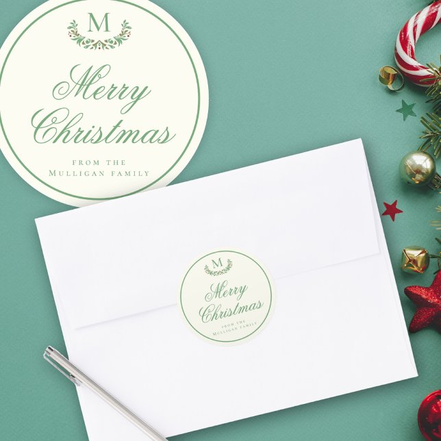 Elegant Christmas monogram gift wrap Classic Round Sticker (Creator Uploaded)