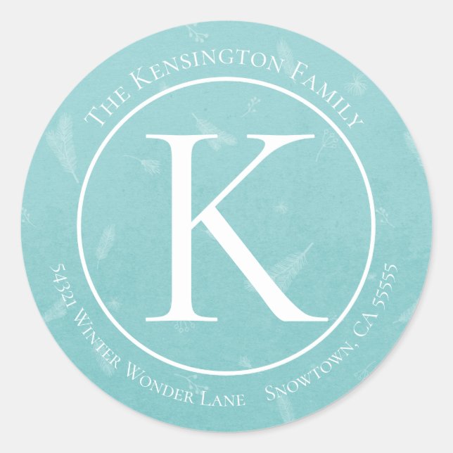Elegant Christmas Monogram Pine Branches Address Classic Round Sticker (Front)