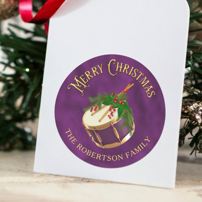 Elegant Christmas Music Drum Personalised Classic Round Sticker (Creator Uploaded)