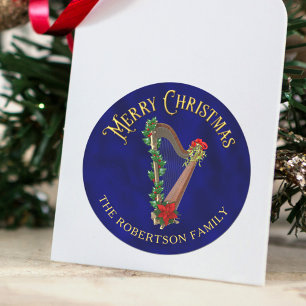 Elegant Christmas Music Harp Personalised Classic Round Sticker