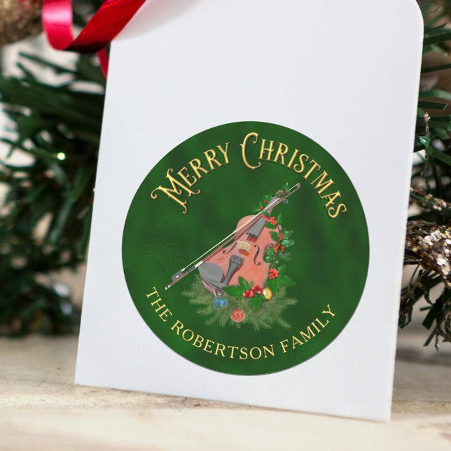 Elegant Christmas Music Violin Personalised Classic Round Sticker (Creator Uploaded)