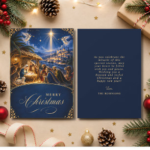 Elegant Christmas Nativity Scene Blue Gold Holiday Card