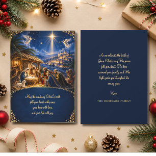 Elegant Christmas Nativity Scene Blue Gold Holiday Card