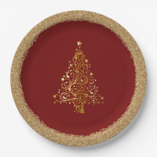 Elegant Christmas New Years Red Gold Glitter Paper Plate