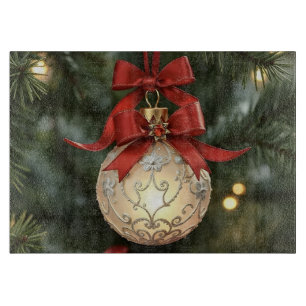 Elegant Christmas Ornament Collection with Red Bow Cutting Board