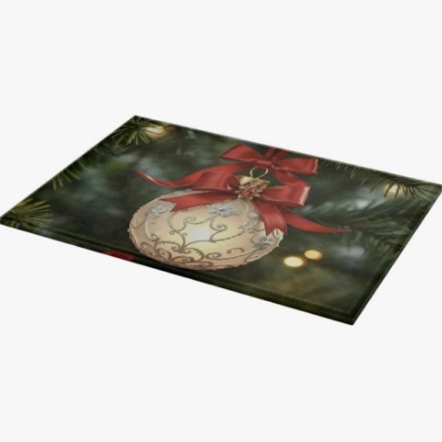 Elegant Christmas Ornament Collection with Red Bow Cutting Board (Glass Cutting Board – 5 different sizes. 100% food safe.  tempered glass Non-skid rubber feet. 
)