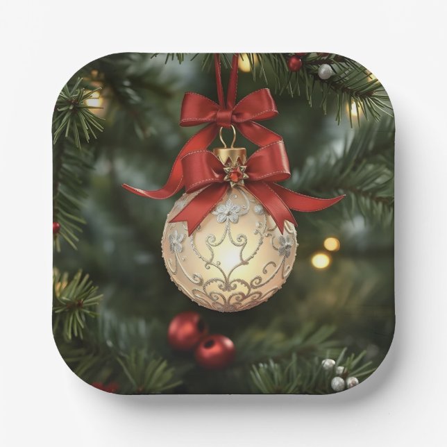 Elegant Christmas Ornament Collection with Red Bow Paper Plate (Front)