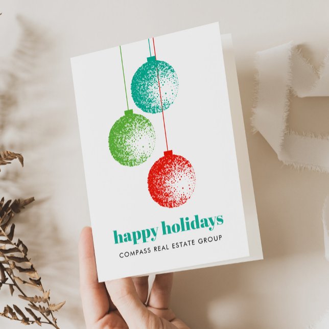 Elegant Christmas Ornament Corporate Greeting  Holiday Card (Happy Holiday retro ornament corporate Christmas card with green teal and red design.)