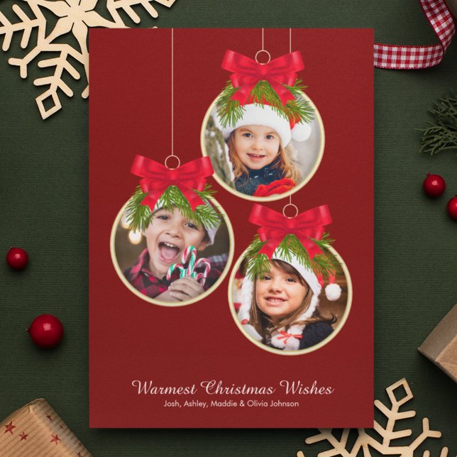 Elegant Christmas Ornament Three Photo Holiday Card (Creator Uploaded)