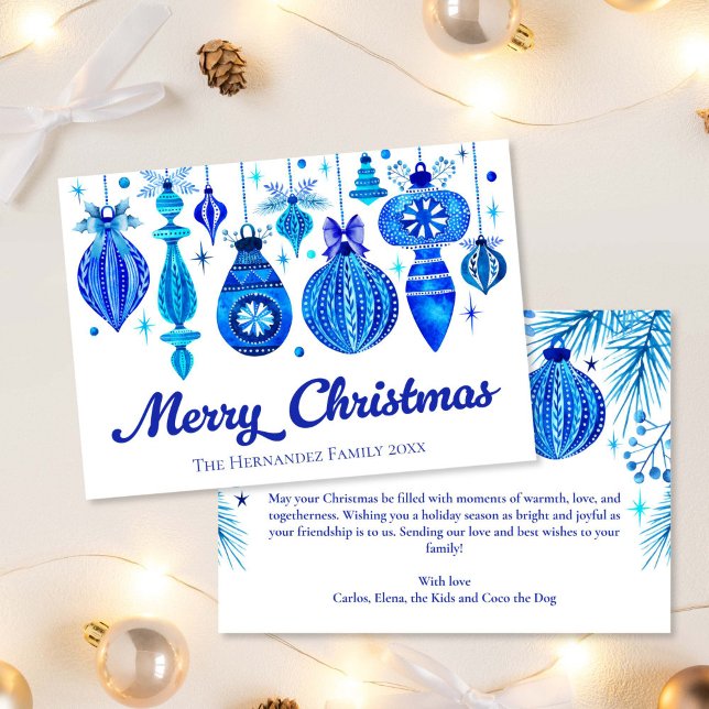 Elegant Christmas Ornaments Family Blue Watercolor Holiday Card (Elegant Christmas Ornaments Family Blue Watercolor Holiday Card)