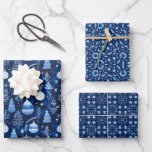 Elegant Christmas Ornaments & Mandala Pattern Blue Wrapping Paper Sheet<br><div class="desc">Gift wrap set with three designs that share the same colour scheme, with blue being the main colour: the first is a traditional Christmas tree decoration with the phrase Merry Christmas in white, the second is a penrose style mandala pattern and the third is a geometric pattern. The three wrapping...</div>