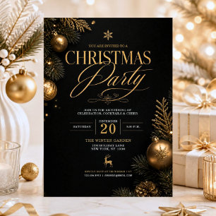 Elegant CHRISTMAS PARTY Black Gold Glitter Office Invitation