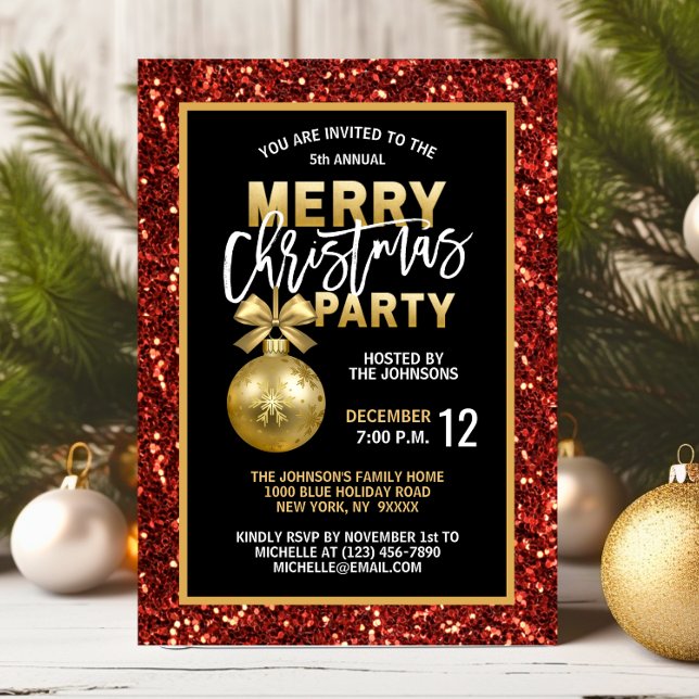 Elegant Christmas PARTY Black Gold Red Glitter Invitation (Elegant Christmas PARTY Black Gold Red Glitter Invitation)