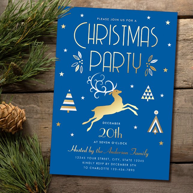 Elegant Christmas Party Blue Gold Foil Invitation (Creator Uploaded)