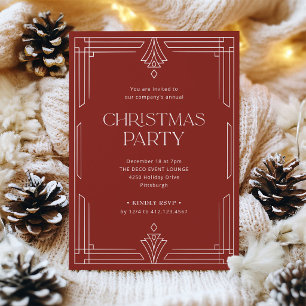 Elegant Christmas Party Classic Red Art Deco Invitation
