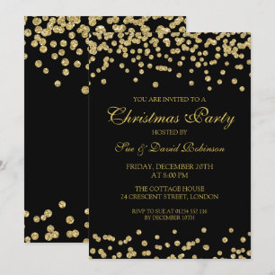 Elegant Christmas Party Gold Glitter Confetti Blac Invitation
