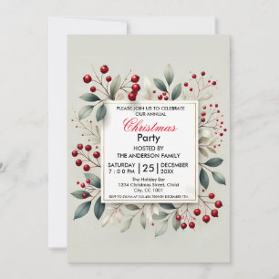 Elegant Christmas Party Holly Berry And Foliage Invitation