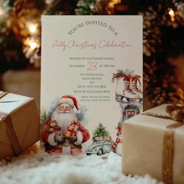 Elegant Christmas Party Invitation in Red & Green (Santa-themed Jolly Christmas Magic invitation card — perfect holiday invitation for family & friends)