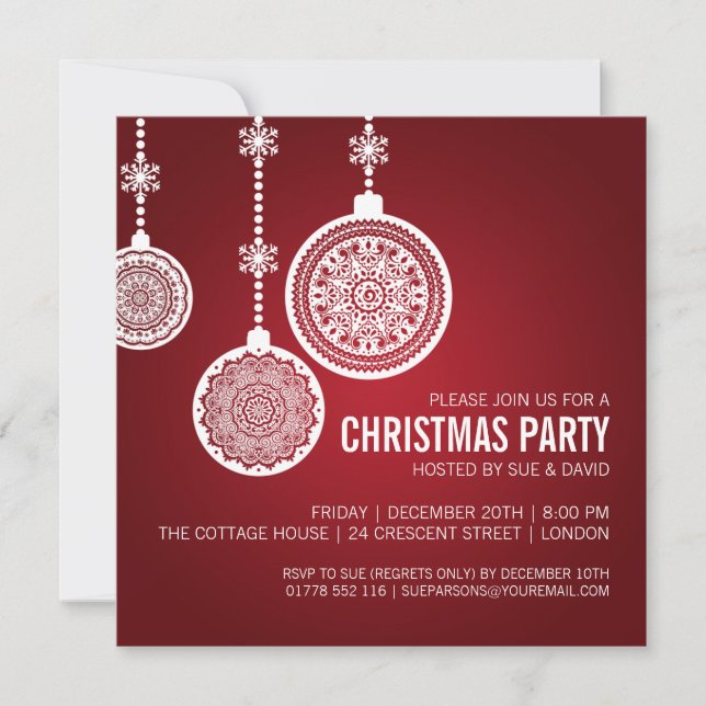 Elegant Christmas Party Ornaments Red Invitation (Front)