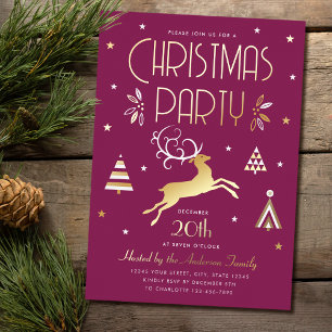 Elegant Christmas Party Plum Gold Foil Invitation