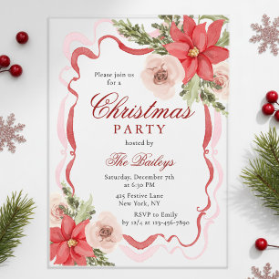 Elegant Christmas Party Poinsettia Rose Ribbon Acrylic Invitations