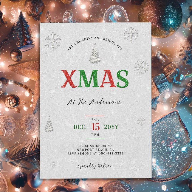 Elegant Christmas Party Red Green White Glitter Invitation (elegant christmas party invites rhinestones glitter bling red green white tree snow snowflakes glam )
