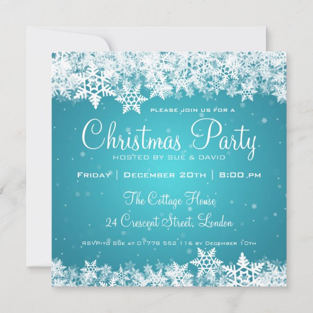 Elegant Christmas Party Snowflakes 2 Turquoise Invitation (Front)