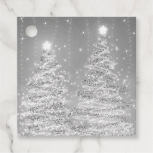 Elegant Christmas Party Sparkling Trees Silver Favour Tags