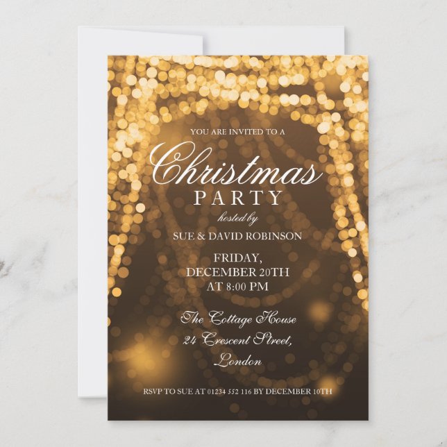 Elegant Christmas Party String Lights Gold Invitation (Front)