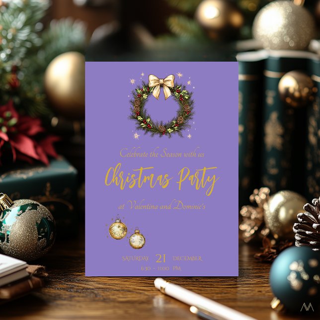 Elegant Christmas Party with Wreath on Purple Invitation (Creator Uploaded)