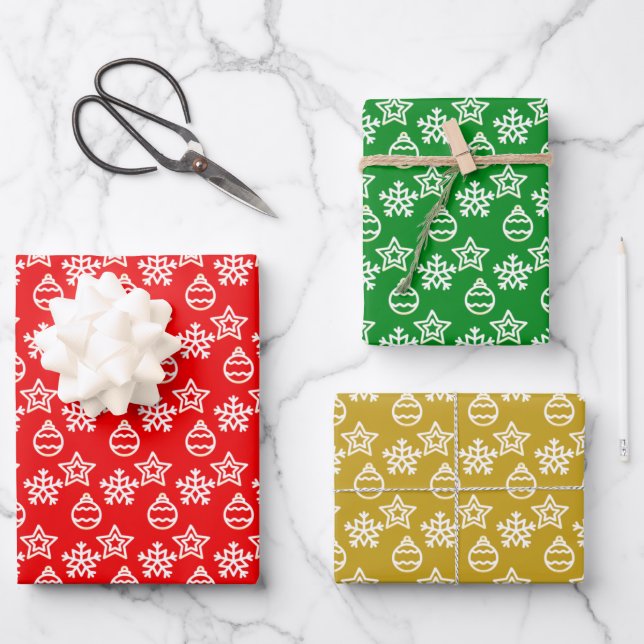 Elegant Christmas Pattern on Green, Red & Golden Wrapping Paper Sheet (Front)