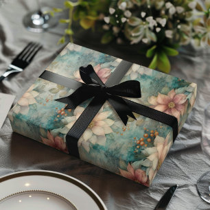 Elegant Christmas Peach and Sage Green Floral  Wrapping Paper Sheet